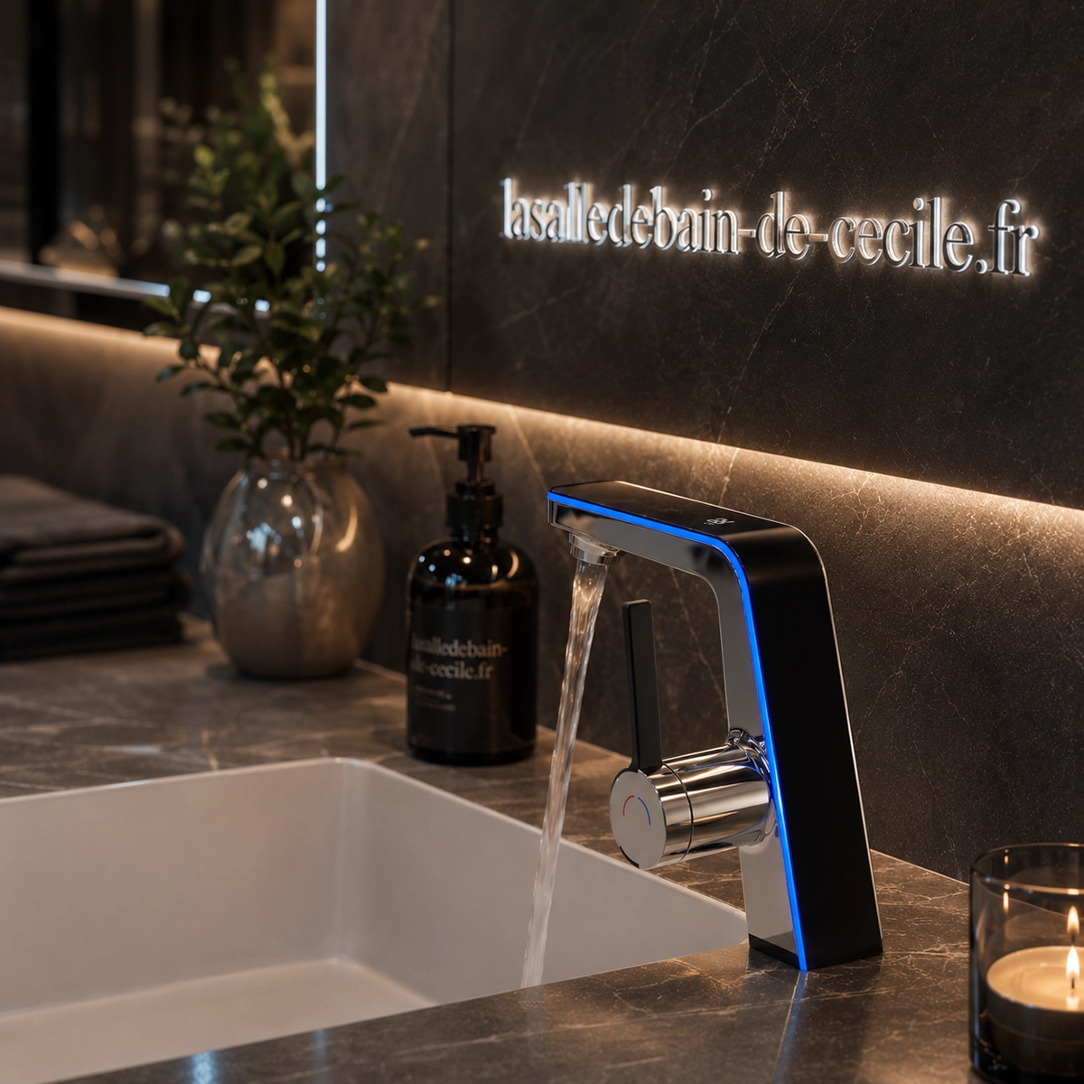 Détail mitigeur lavabo vasque LED chrome